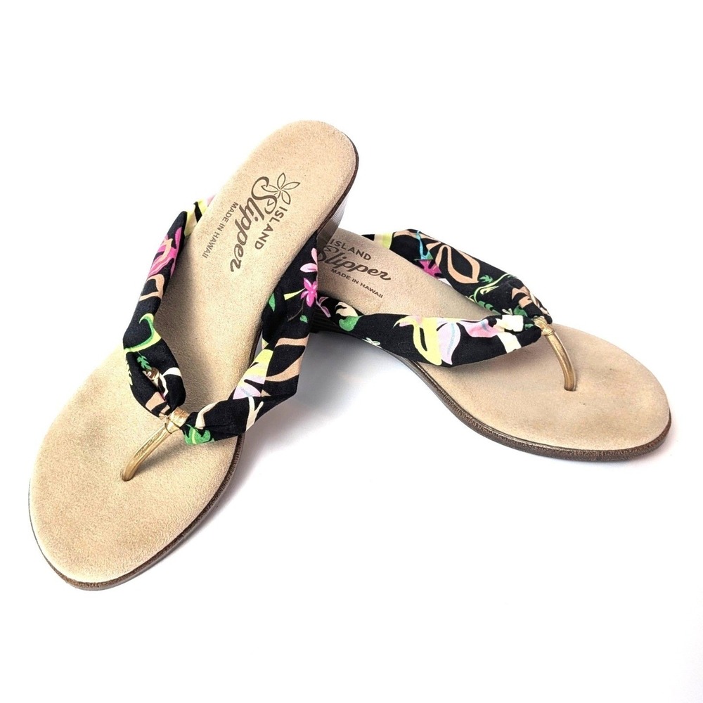 Island Slipper Floral Wedge Flip Flop Sandals Made in Hawaii‎ Resortwear Sz 7
